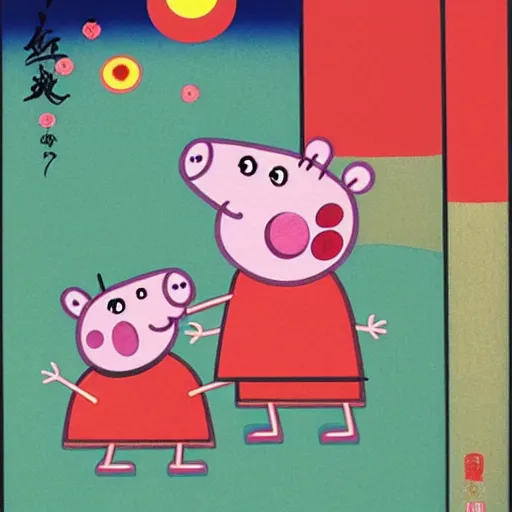 Prompt: peppa pig silk screen by ohara koson, pixiv contest winner, ukiyo - e, ukiyo - e