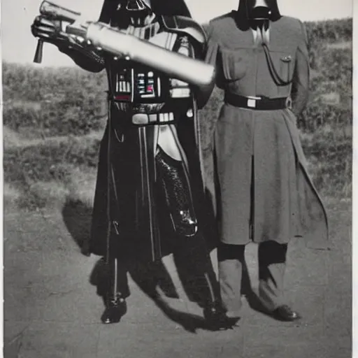 Prompt: old wartime photograph of darth vader holding a lewis gun, 1 9 1 7