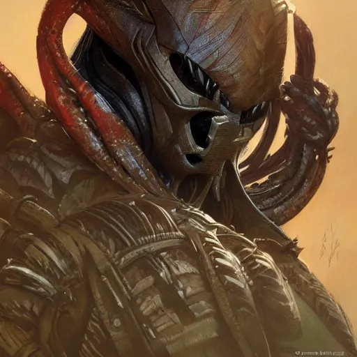 Image similar to The Predator, warrior scene, fantasy, intricate, elegant, highly detailed, digital painting, artstation, concept art, smooth, sharp focus, illustration, fine art by artgerm, greg rutkowski, alphonse mucha