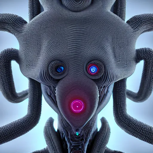 Prompt: a fractal alien humanoid with a thousand eyeballs, octane render, 4 k, 3 d, ultra realistic