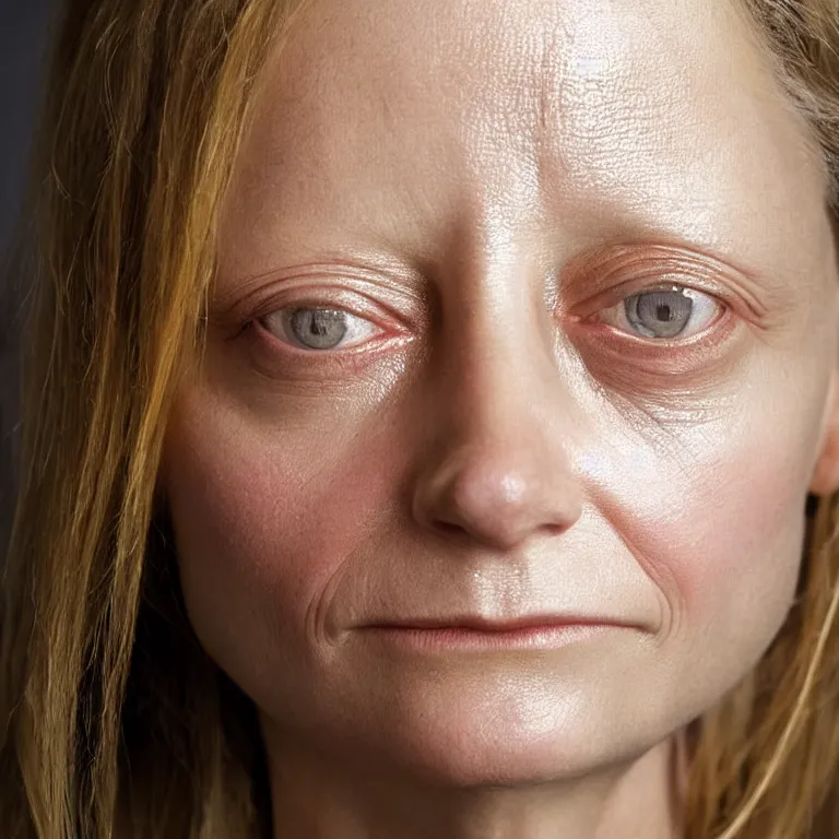 Prompt: beautiful close - up studio photograph of colorful postmodern portrait sculpture of jodie foster disappointed, beautiful symmetrical face accurate face detailed face realistic proportions, made of spray - painted beeswax on a pedestal by ron mueck and matthew barney and greg rutkowski, hyperrealism intense cinematic lighting shocking detail 8 k