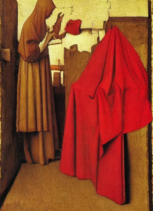 Image similar to red cloth of the floor, medieval painting by jan van eyck, johannes vermeer, florence