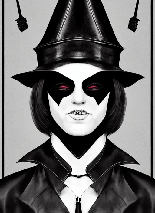 Image similar to perfectly centred realistic picture of a character dressed in leather tight suit and witch hat, dark,!! poster by waldemar swierzy, wiktor gorka, leszek zebrowski