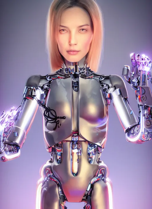 Prompt: photorealistic detailed full body picture of a female cyborg, pretty face, with head arms legs feet and hands, glamour pose, neon lights, humanoid, extreme, uhdr, book called the most influental cyborg in 2 0 5 0, fine details, highly detailed, intricate, smooth sharp focus, symmetrical features, environmental portrait, realistic render