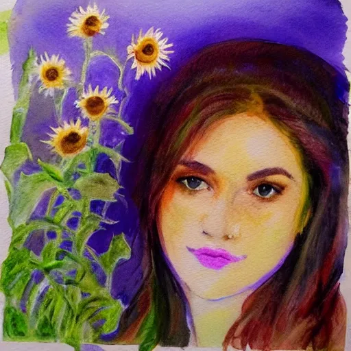 Image similar to molly sanden, watercolor, in the style of claude monet, beautiful face, sunflowers, award winning, hd, 4 k, purple, blue -