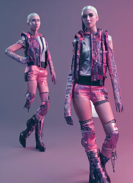 Image similar to haute couture, clothing setting for girl, model standing pose, futurism, vest, princess sleeve jacket, shorts, boots, headphones, cyberpunk style, render by octane and blender, hyper realistic, hyper detailed