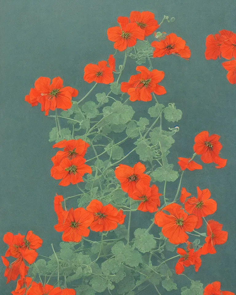 Image similar to fine painting of tropaeolum majus. high definition, earthly tones, soft natural light, pastel, 4 k, matte, trending on artstation. painted by thaddeus welch, hirano miho and hokusai katsushika.