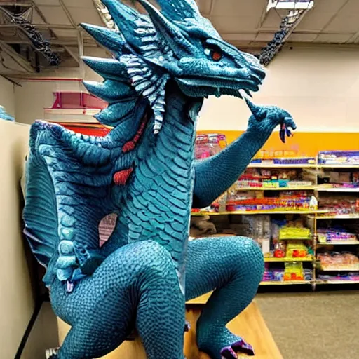 Prompt: Just one of the many mythical dragon creatures in the backrooms of bed bath and beyond.