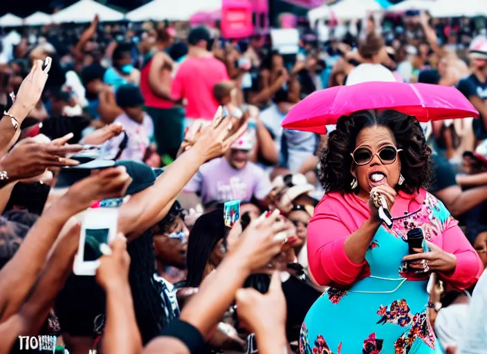 Prompt: photo still of oprah winfrey at the vans warped tour 2 0 1 8!!!!!!!! at age 3 6 years old 3 6 years of age!!!!!!!! tossing bags of money into the crowd, 8 k, 8 5 mm f 1. 8, studio lighting, rim light, right side key light