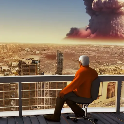 Prompt: old man watching a huge nuclear explosion while sitting in his chair on the balcony in the city, 8k, ultra realistic, volumetric lighting, golden hour