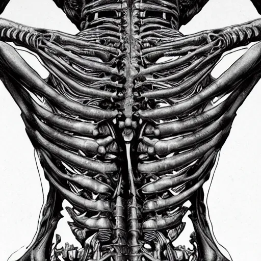 Image similar to cinematic scene of a detailed and intricate design of the back of full woman body wrapped in bones, close up, photo real, intrincate, in the style of giger, studio shot, dark shadows, creepy, nightmarish, dynamic lighting, great finesse organic hyper detailed, engineering blueprints, technical drawings, calculus, stained paper, hyperrealistic, ultra detailed, 16K, unreal engine, trending on artstation