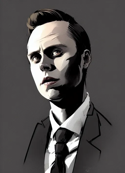 Image similar to highly detailed closeup portrait of martin wallstrom, tyrell wellick, slick back hair wearing suit by atey ghailan, by greg rutkowski, by greg tocchini, by james gilleard, by joe fenton, by kaethe butcher, gradient blue, black and white only color scheme, grunge aesthetic!!! ( ( graffiti tag wall background ) )