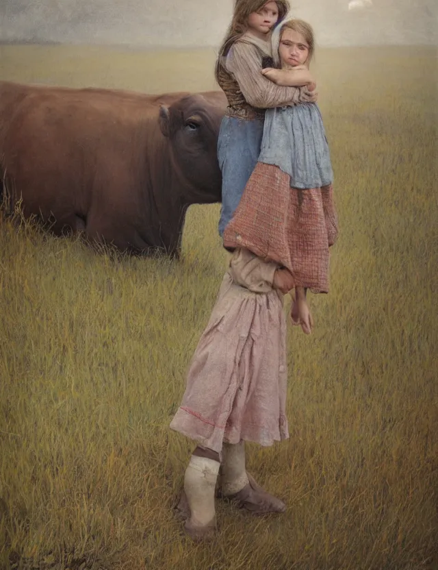 Prompt: portrait of peasant girl hugging a cow on a farm, cottage core, cinematic focus, polaroid photo bleached vintage pastel colors high - key lighting, soft lights, foggy, by steve hanks, by lisa yuskavage, by serov valentin, by tarkovsky, 8 k render, detailed, oil on canvas