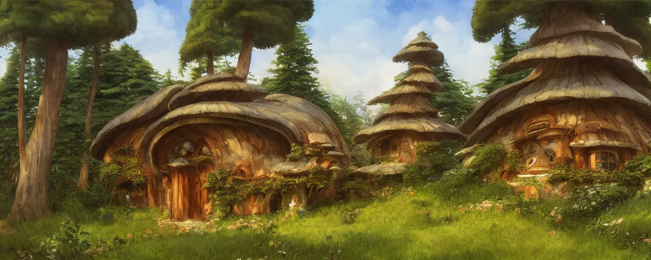 Image similar to ghibli illustrated background of a mushroom shaped house by eugene von guerard, ivan shishkin, john singer sargent, 4 k