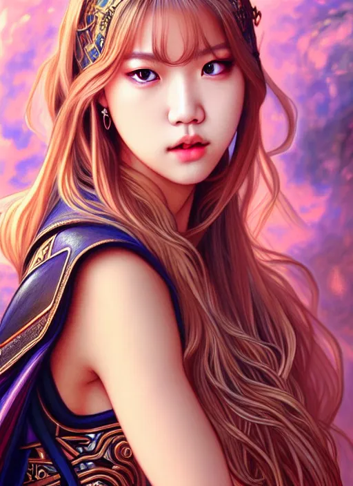 Image similar to lalisa manoban of blackpink, knight armor, tarot card, highly detailed, digital painting, smooth, sharp focus, illustration, ultra realistic, 8 k, art by artgerm and alphonse mucha