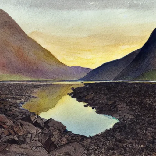 Prompt: wastwater screes in early evening light painted in watercolours and pencil by william heaton cooper and rock textures by julian cooper