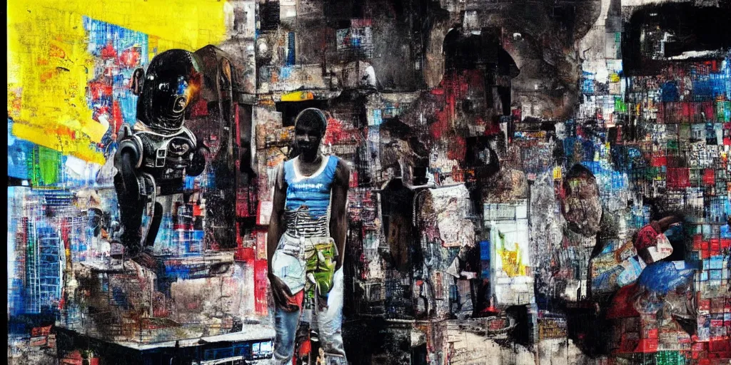 Image similar to robot in Ajegunle slum of Lagos conversing with African Jesus Christ about beauty under a large UFO beaming a neon ray, painting by Robert Rauschenberg,