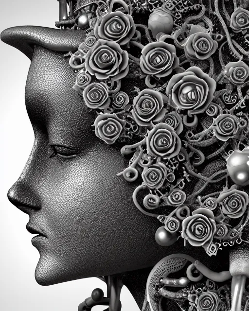 Image similar to mythical dreamy black and white organic bio-mechanical spinal ribbed profile face portrait detail of translucent steampunk beautiful female angelic-human-queen-vegetal-cyborg, highly detailed, intricate trnaslucent ivy jelly ornate, poetic, translucent roses ornate, 3D render, digital art, octane render, 8K artistic photography, photo-realistic, by Dora Maar