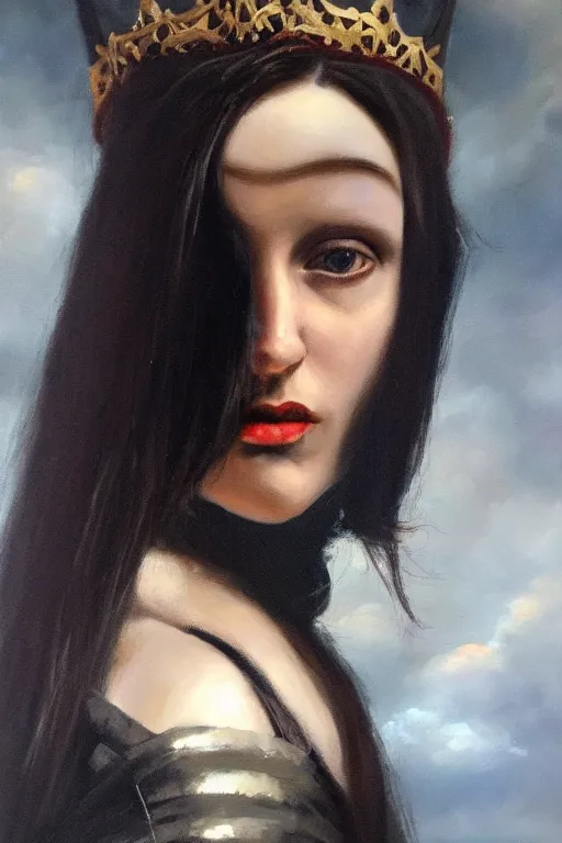 Image similar to hyperrealism oil painting, close - up portrait of european medieval brunette vampire fashion model, knight, steel gradient mixed with nebula sky, in style of baroque