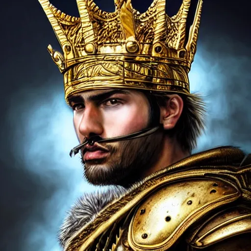 Image similar to Hyper-realistic portrait of the King of the Desert, Warrior at war, battle field, Gold Armour and Crown, Sword, handsome attractive face, attractive young man, beautiful face, photo realistic, dramatic lighting, majestic, trending on artstation, elegant, intricate, highly detailed, digital painting, concept art, sharp focus, illustration, art by artgerm and greg rutkowski and alphonse mucha