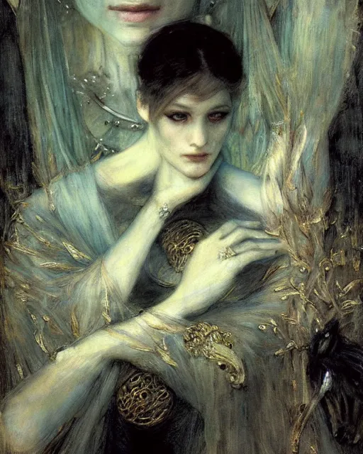 Image similar to a beautiful, dark sorceress, by Edgar Maxence, Ross Tran and Jules Bastien-Lepage