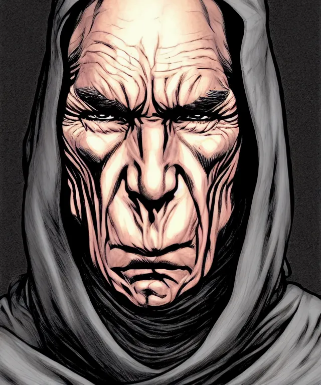 Image similar to a ( fantasy comic ) ( cover art ) portrait of a hooded monk who looks like ( pete postlethwaite ), digital illustration by jenny frison and sana takeda and kentaro miura, fine inking lines, vivid colors, dnd, highly detailed!, hd, 4 k, trending on artstation