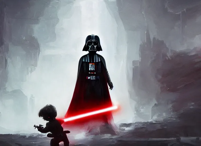 Prompt: a dramatic highly detailed render of darth vader with red lightsaber drawn facing a cute toddler with its back to the camera, futuristic star wars vibe, by WLOP and Artgerm and Greg Rutkowski and Alphonse Mucha, Beautiful dynamic dramatic dark moody lighting, shadows, cinematic atmosphere, Artstation, concept design art, Octane render, 8K, masterpiece, sharp focus, hyperrealistic