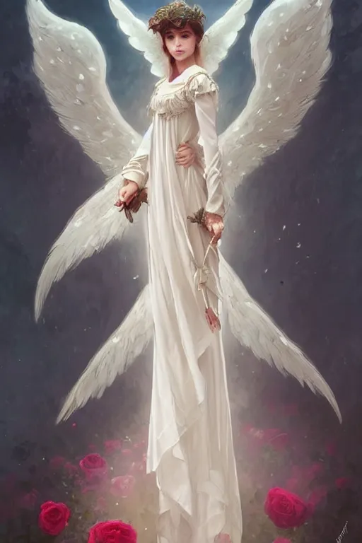 Image similar to angel dressed in a victorian roses white dress fashion, D&D, fantasy, intricate, elegant, highly detailed, digital painting, artstation, concept art, matte, sharp focus, illustration, art by Artgerm and Greg Rutkowski and Alphonse Mucha