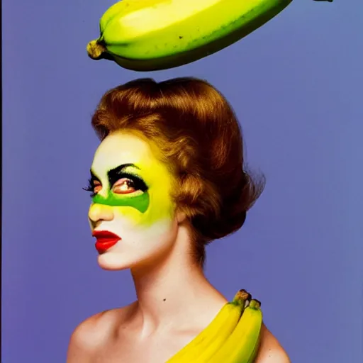 Image similar to a woman with green and yellow makeup holding bananas, a pop art painting by bert stern, trending on behance, pop art, pop art, surrealist, photoillustration