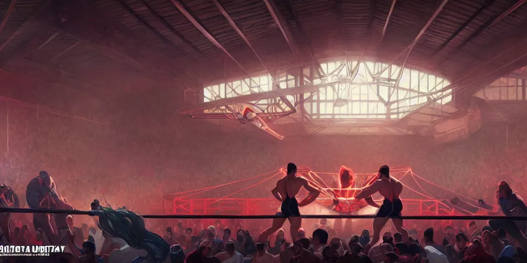 Image similar to a wrestling ring, central, highly detailed, digital painting, artstation, concept art, matte, sharp focus, illustration, art by artgerm and greg rutkowski and alphonse mucha