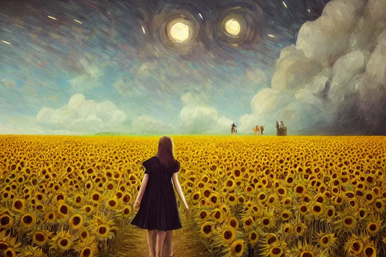 Image similar to giant sunflower as a head, girl walking in wheat field, hills, surreal photography, dark night, star trails, dramatic light, impressionist painting, clouds, digital painting, artstation, simon stalenhag