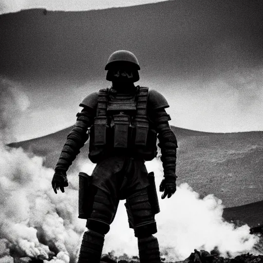 Image similar to Close-up of a heavy-armored soldier standing infront of an erupting volcano, black and white, professional photography, eerie, cinematic