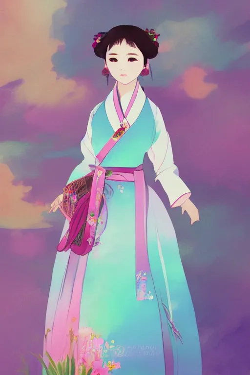 Prompt: pretty korean woman wearing beatiful hanbok, bright pastel colors, trending on artstation, studio ghibli painterly style