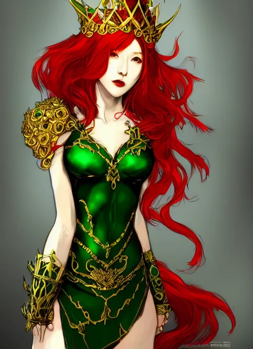 Prompt: Full body portrait of a beautiful red haired elven queen wearing red, green and gold queen dress and elaborate golden crown, bored look. In style of Yoji Shinkawa and Hyung-tae Kim, trending on ArtStation, dark fantasy, great composition, concept art, highly detailed.