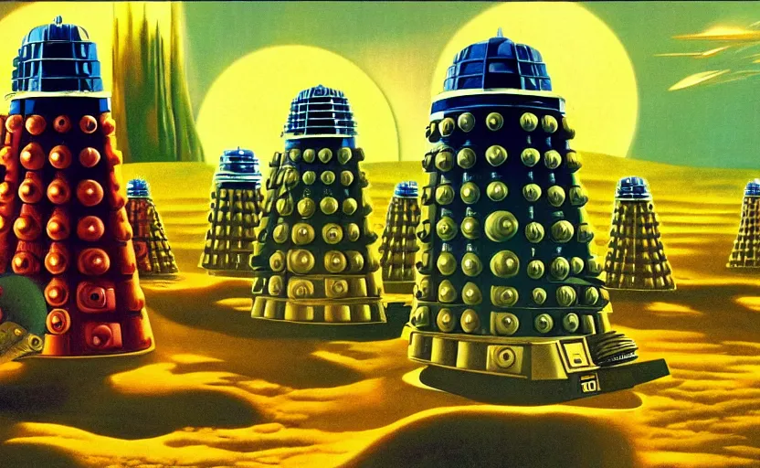 Image similar to daleks in the time vortex, beautiful retro art, no blur, 4 k resolution, ultra detailed, roger dean,