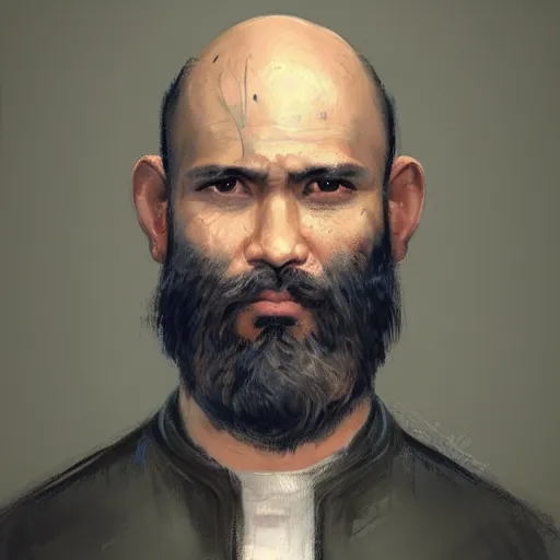 Prompt: portrait of a man by greg rutkowski, he is about 4 0 years old, mixture between vietnamese, persian and texan, bald with beard, very tall and slender, he is wearing a utilitarian jumpsuit, highly detailed portrait, digital painting, artstation, concept art, smooth, sharp foccus ilustration, artstation hq