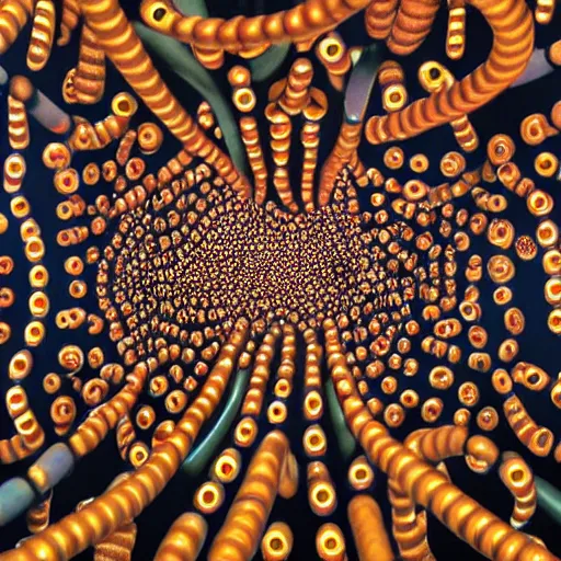 Image similar to photorealism of HIV causes AIDS and interferes with the body's ability to fight infections. by Yayoi Kusama surreal detailed, high definition chaotic, micro details wide angle lens dark lighting