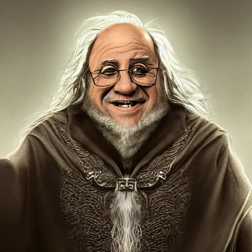 Prompt: portrait danny devito as gandalf, deviantart, smile, ultra realistic illustration, final fantasy