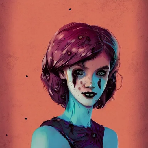 Image similar to Highly detailed portrait of pretty punk zombie young lady with, freckles and beautiful hair by Atey Ghailan, by Loish, by Bryan Lee O'Malley, by Cliff Chiang, inspired by image comics, inspired by graphic novel cover art, inspired by papergirls !! Gradient color scheme ((grafitti tag brick wall background)), trending on artstation