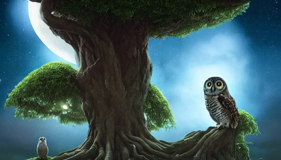 Image similar to very very small owl, sitting on a gigantic banyan tree in moonlit lakshadweep by ilya kuvshinov, starry night, rtx rendering, octane render 1 2 8 k, maya, extreme high intricate details by tom bagshaw, medium shot, close up shot, composition by sana takeda, lighting by greg rutkowski