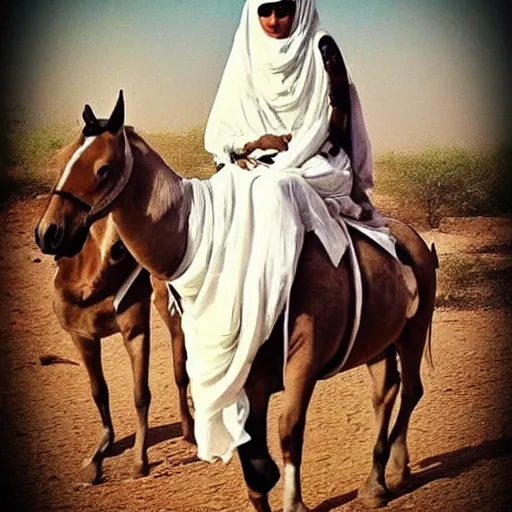 Image similar to beautiful burqa's woman, ride horse in saharan, dress like taliban, sharp eyes, white skin, beautiful tatted hands, riffle on chest, dust, cinematic, dynamic pose, pinterest