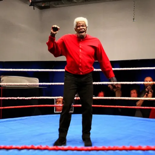 Image similar to a full-body photograph of Morgan Freeman dressed as a professional wrestler, located in a studio wrestling ring with dramatic colorful spotlights. A crowd is cheering in the background.