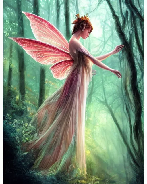 Prompt: beautiful forest fairy in a scenic woods, sweet, graceful wings, lovely colors, sharp focus, high fantasy art, fairy aesthetics, intricate, elegant, highly detailed, hyperrealistic painting, artstation, concept art, painterly, dreamy, soft illumination, hasselbrad photography, illustration, art by scot howden