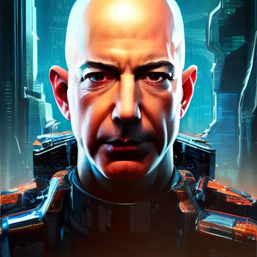 Prompt: front view, vicious, mad, ominous portrait of Jeff Bezos as a cyberpunk 2077 loading screen, symmetry, front view, intricate, studio, art by anthony macbain + greg rutkowski + alphonse mucha, concept art, 4k, sharp focus