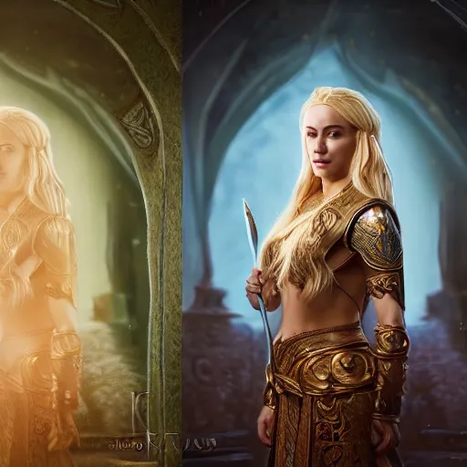 Prompt: the elder scrolls vi, charismatic regal blonde high elf female jarl, portrait, throne room, atmospheric lighting, painted, intricate, volumetric lighting, beautiful, daytime, sunny weather, slight overcast, sharp focus, deep colours, ultra detailed, by leesha hannigan, ross tran, thierry doizon, kai carpenter, ignacio fernandez rios