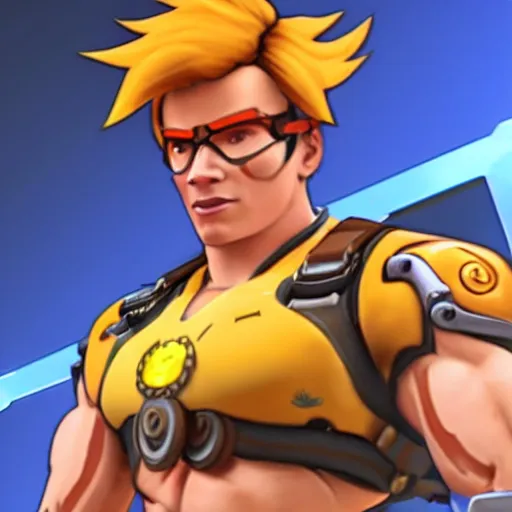 Image similar to a screenshot of arnold schwarzenegger as tracer in overwatch