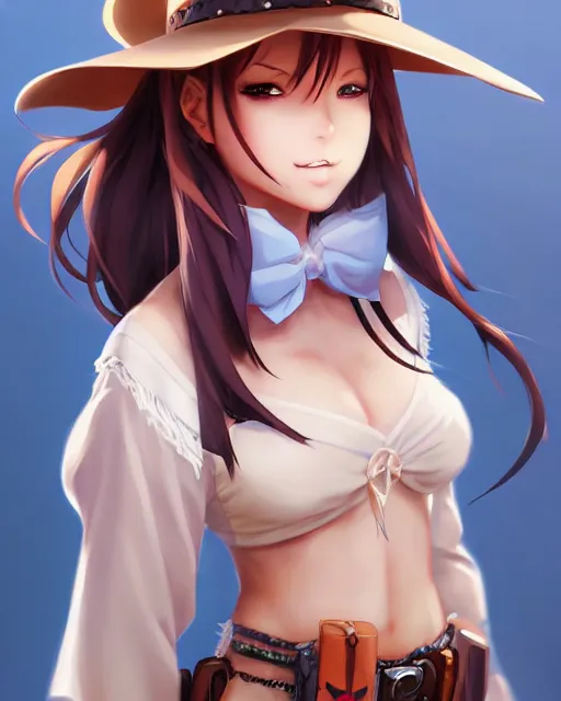 Image similar to character concept art of an anime cowgirl | | cute - fine - face, pretty face, realistic shaded perfect face, fine details by stanley artgerm lau, wlop, rossdraws, james jean, andrei riabovitchev, marc simonetti, and sakimichan, tranding on artstation