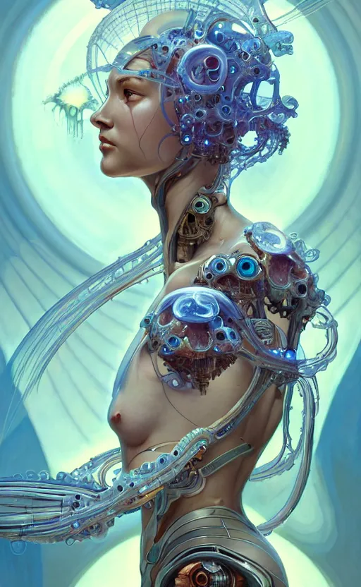 Image similar to Cyborg biomechanical jellyfish angel girl, sci-fi, highly detailed, digital painting, artstation, concept art, smooth, sharp focus, illustration, art by artgerm and greg rutkowski and alphonse mucha