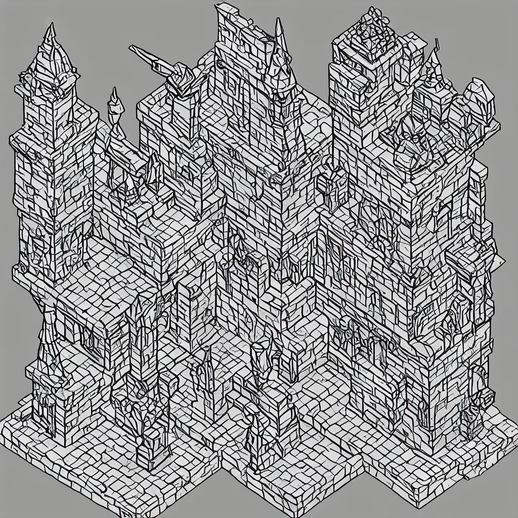 Image similar to wizard's tower, isometric lineart tile, png