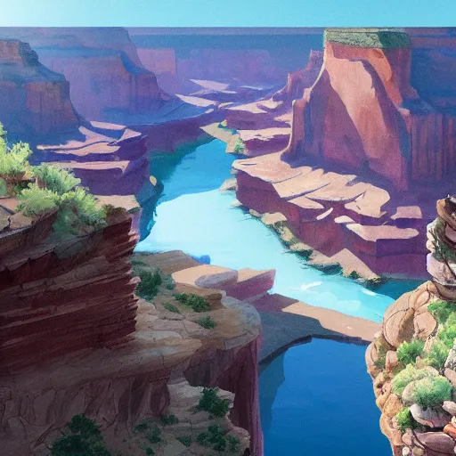 Prompt: concept art painting of a grand canyon with ocean inside, filled with water, with unfinished stone bridge under construction, realistic, detailed, cel shaded, in the style of makoto shinkai and greg rutkowski and james gurney